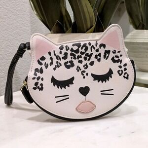 Luv Betsey Johnson Cat Face‎ Wristlet Women OS White Leopard Print Novelty Pouch